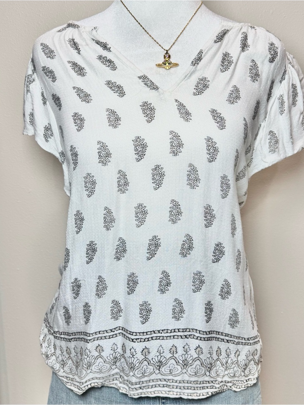 Lucky Brand Boho Western V-Neck Short Sleeve Summer Women’s Medium Top